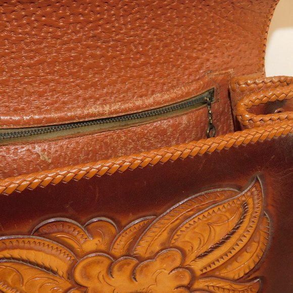 Vintage Tooled Leather Handbag Floral Shoulder Bag Western Purse - Picture 11 of 16